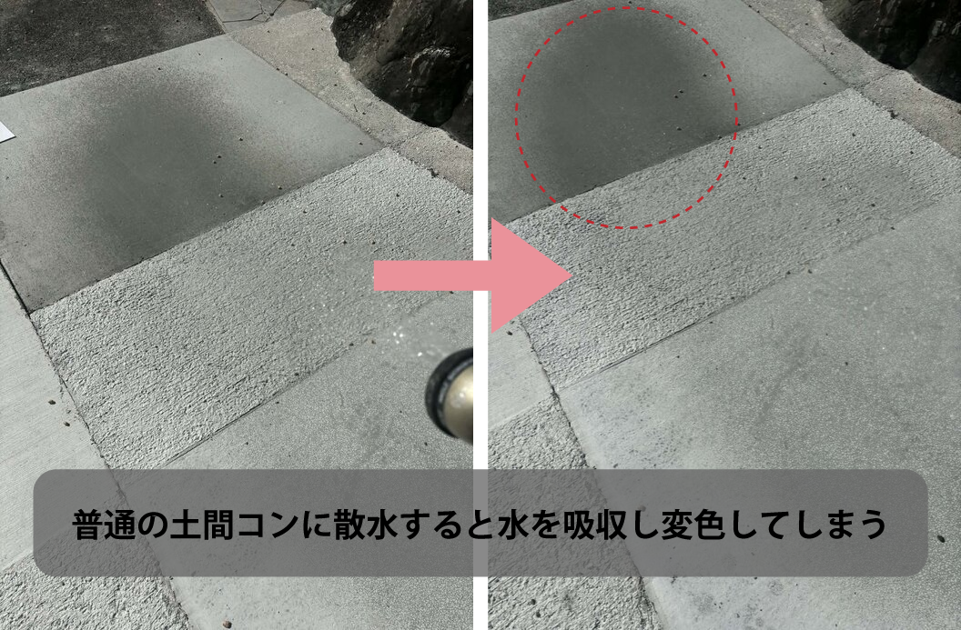 普通の土間コン：散水で吸水→変色